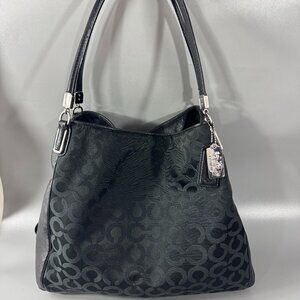 COACH # 25637 Signature Op Art Sateen Phoebe Shoulder Handbag Purse Black